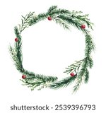 Watercolor Christmas green fir tree branches and red balls wreath border frame. Evergreen twigs of thuja, pine, juniper.