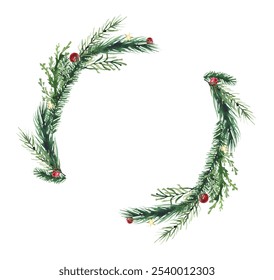 Watercolor Christmas green fir tree branches and red balls symmetric wreath frame. Evergreen twigs of pine, juniper. - Powered by Shutterstock