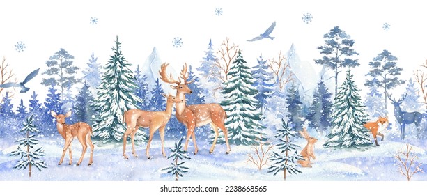 Watercolor Christmas horizontal seamless pattern and hand  drawn animals   snow  covered trees  Forest animals: Deer  fawn  fox  hare  New Year's holiday illustration 