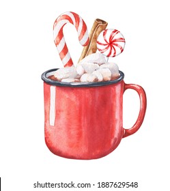 Watercolor Christmas Hot Cocoa With Candy Canes In Red Cup. Holidays Season Food Illustration.