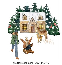 Watercolor Christmas In House, Winter Landscape Clipart, , Woodland Animals Printable Clip Art, Forest Sublimation Design, Cabin, Happy Couple, Black Girl And Boy Sledding