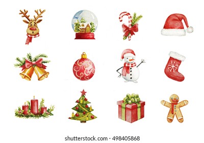 Watercolor Christmas icons with deer, Christmas tree, Christmas decorations, candles, bells, snowman and gifts. 