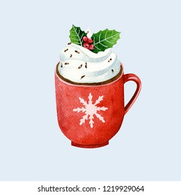 Watercolor Christmas Illustration With Blue Mug Of Hot Chocolate With Marshmallows And Candy Cane.All You Need Is Love And Hot Chocolate. Perfect For Greeting Cards,invintations And Posters. Isolated.