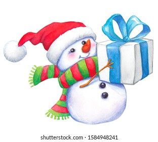 Watercolor Christmas illustration  cute snowman in scarf   hat and gift  isolated white background 