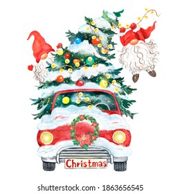 Watercolor Christmas Illustration Of A Gnome With A Red Car And A Christmas Tree With A Garland. Merry Christmas And New Years.