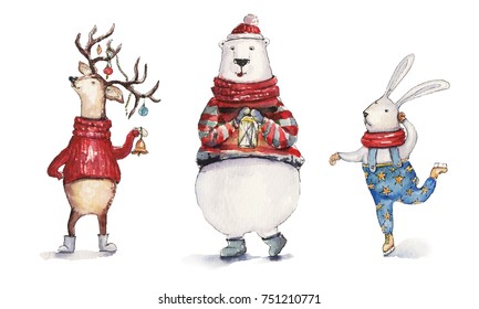 Watercolor Christmas Illustration With Hare, Holiday Deer And Colorful Bear. Christmas Cards. Winter Design. Merry Christmas!