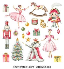 Watercolor Christmas illustration – Nutcracker: Ballerina, soldier, rocking horse, Christmas tree, gifts, mouse king, Christmas toys, retro toys, star, musical trumpet, drum. - Powered by Shutterstock