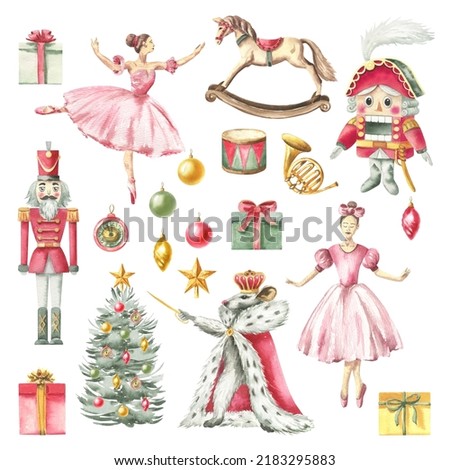 Watercolor Christmas illustration – Nutcracker: Ballerina, soldier, rocking horse, Christmas tree, gifts, mouse king, Christmas toys, retro toys, star, musical trumpet, drum.