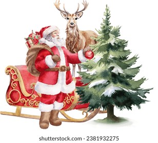 Watercolor Christmas illustration. Santa Clause in sleigh, Christmas tree - Powered by Shutterstock