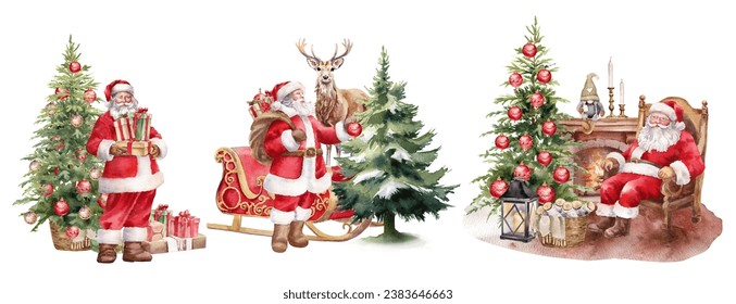 Watercolor Christmas illustration. Santa Clause, Christmas tree, deer, fireplace, Santa sleigh,  ornaments clipart. Decoration for holiday cards. Isolated on white background  - Powered by Shutterstock