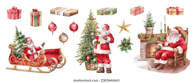 Watercolor Christmas illustration. Santa Clause, Christmas tree, deer, fireplace, Santa sleigh,  ornaments clipart. Decoration for holiday cards. Isolated on white background  - Powered by Shutterstock