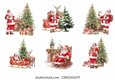 Watercolor Christmas illustration. Santa Clause scene, Christmas tree, deer, fireplace, Santa sleigh,  ornaments clipart. Decoration for holiday cards. Isolated on white background  - Powered by Shutterstock