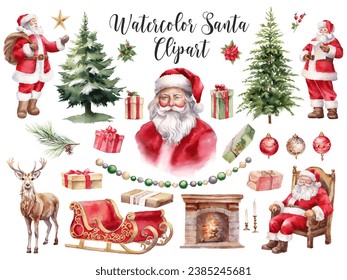 Watercolor Christmas illustration. Santa Clause, Christmas tree, deer, fireplace, Santa sleigh,  ornaments clipart. Decoration for holiday cards. Isolated on white background  - Powered by Shutterstock