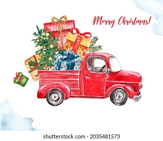 Watercolor Christmas illustration in vintage cartoon style  Hand drawn red truck and holiday fir tree   gift boxes  isolated  Festive pine tree and light garland  New Years card