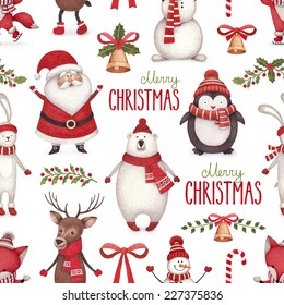 Watercolor Christmas Illustrations. Seamless Pattern