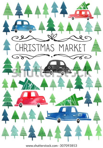 白い背景に水彩のクリスマスマーケットポスターやフライヤーデザイン モミの木と車のシルエット クリスマスツリーの水彩イラスト クリスマス ツリーマーケットの書道 のイラスト素材