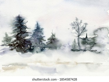 Watercolor Christmas minimalistic card with forest and snow. Hand painted fir trees illustration isolated on white background. Holiday illustration for design, print, fabric or background. - Powered by Shutterstock