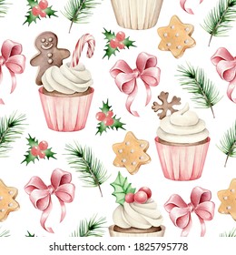 Watercolor Christmas Pattern With Cupcakes,cookie,fir,bow.New Year Seamless Pattern/