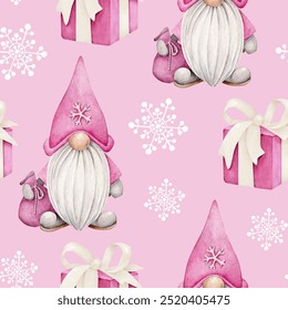 Watercolor Christmas pattern with gnome in santa hat, present box and snowflake.Childish background.Winter holidays.Fabric design.Merry Christmas and Happy New Year - Powered by Shutterstock