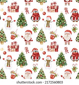 Watercolor Christmas pattern with Santa Claus, snowman, penguin and other christmas elements isolated on white background. Can be used for wrapping paper, textile, wallpaper, cards. - Powered by Shutterstock