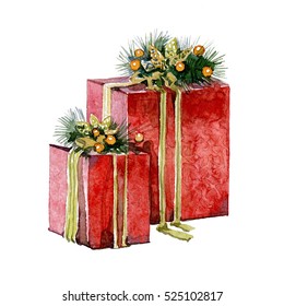 Watercolor Christmas Presents On A White Background