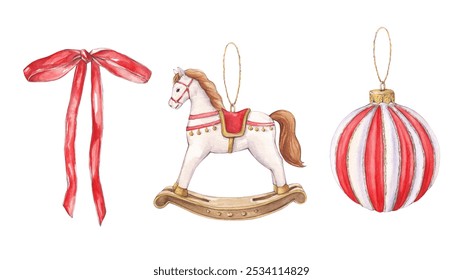 Watercolor Christmas  red ornaments set: rocking horse, stripped ball and bow - Powered by Shutterstock