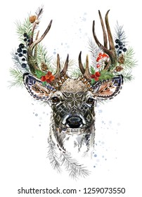 Watercolor Christmas Reindeer. Winter Holidays Background. Illustration Christmas Tree, Deer, Mistletoe Branch, Berry, Snowflake. Happy New Year Design. Winters Greeting Card Design