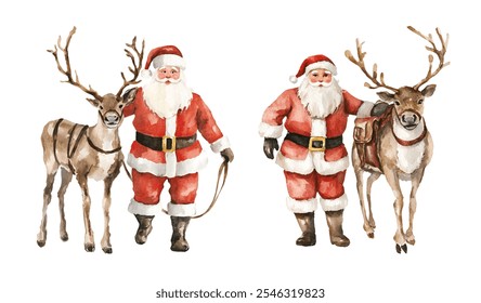 Acuarela navidad, Papá Noel y ciervos. Clipart de la ilustración aislado en el fondo blanco.