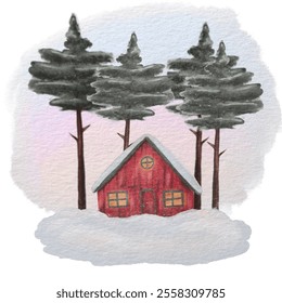 Watercolor Christmas Scene with Snowy Red Cottage in Pine Forest, Cozy Winter Landscape Painting, Hand-Painted Holiday Illustration for Festive Decor, Warm Christmas Vibes Art Print, Nature-Inspired A - Powered by Shutterstock