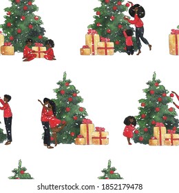 watercolor christmas seamless pattern with black family, man and woman illustration, father, mother, son and daughter decorating a fir tree - Powered by Shutterstock