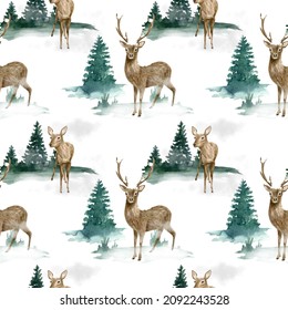 Watercolor Christmas Seamless Pattern With Deer And Winter Landscape. Hand Drawn Buck, Fawn Deer With Fir Trees With Snow Isolated On White Background. Woodland Illustration For Fabric, Wallpaper