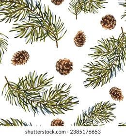 Watercolor Christmas seamless pattern with fir branches and cones, Nature design. Season greeting. Winter forest. Xmas holidays. - Powered by Shutterstock