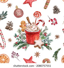 Watercolor Christmas seamless pattern with hand drawn hot cocoa mug, winter pine tree branches, berries, candy cane, gingerbread cookie. Festive holiday print. Winter themed designer paper.