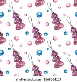 Watercolor Christmas Seamless Pattern On A White Background. 
Purple Christmas Tree Toy And Colored Balls.