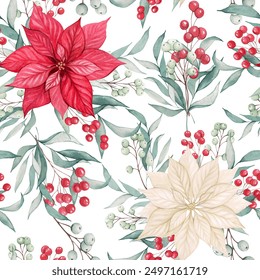 Watercolor Christmas seamless pattern with poinsettia flowers. Print with white and red flower Christmas star, with leaves and berries. Christmas and New Year background, wallpaper. - Powered by Shutterstock