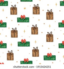 Watercolor Christmas Seamless Pattern With Present Boxes Isolated On White Background. Watercolor Hand Drawn Illustration.