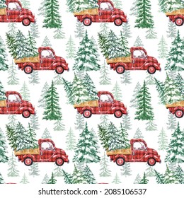 Watercolor Christmas seamless pattern and red buffalo plaid truck   pine trees white background  Winter print and hand drawn vintage car   holiday snowy tree 