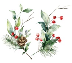 Watercolor Christmas Set Of Bouquets, Branches, Leaves, Pine Cone And Red Berries. Hand Painted Holiday Composition Of Plants Isolated On White Background. Illustration For Design, Print, Background.