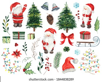 Watercolor Christmas Set Clipart With Blue Pickup, Christmas Tree, Gifts, Santa, Christmas Truck