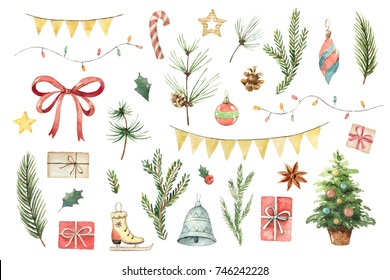 Watercolor Christmas set with fir branches, balls, gifts, garlands and bow. Illustration for your holiday design isolated on a white background.