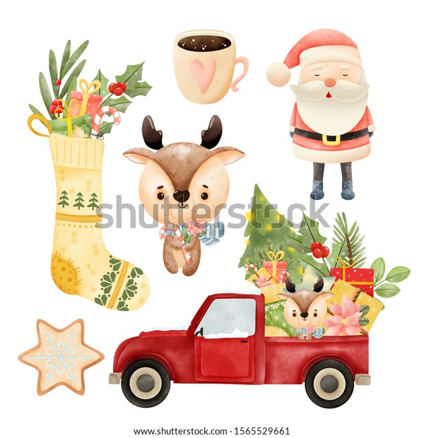 watercolor\
christmas set with gifts car, santa claus with closed eyes, cup of\
cocoa, stocking with gifts, and cute\
deer