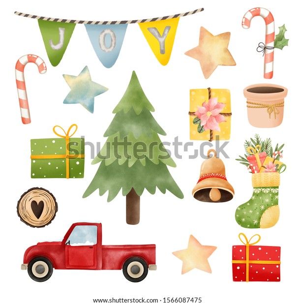 watercolor\
christmas set with gifts car, santa claus with closed eyes, cup of\
cocoa, stocking with gifts and christmas\
tree