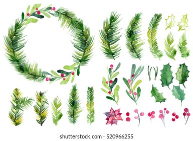 Watercolor Christmas set wih spruce branches, mistletoe branches, flower and berries  on a white background isolated