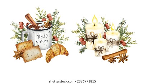 Watercolor Christmas set: winter cup of cacao with marshmallow and cinnamon, with cookies and white Christmas eve candles - Powered by Shutterstock