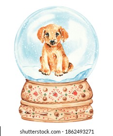 Watercolor Christmas Snow Globe Clipart, Vintage Christmas Diy Cards With Snowglobe And Puppy Retriver Dog