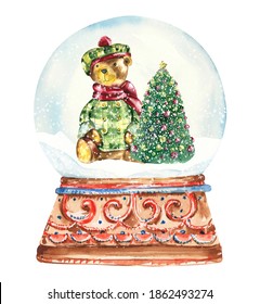 Watercolor Christmas Snow Globe Clipart, Vintage Christmas Diy Cards With Snowglobe And Teddy Bear