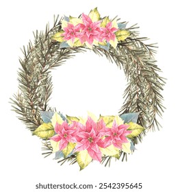 Watercolor Christmas spruce branches evergreen advent wreath with pink yellow poinsettia flowers and burning white candle hand drawn illustration. Template for festive card. Isolated from background. - Powered by Shutterstock