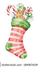 Watercolor Christmas Stocking With Gifts On White Background. Watercolour Winter Season Holidays Illustration.