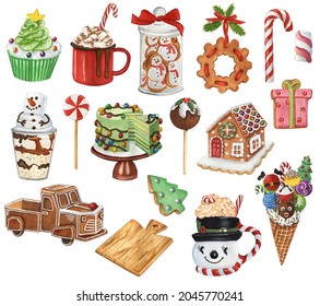 Watercolor Christmas Sweets And Drinks Clipart. Winter Hot Drinks, Ginger House, Train, Truck Illustrations. Christmas Candy, Cake, Cookies.