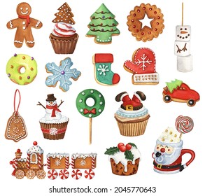 Watercolor Christmas Sweets And Drinks Clipart. Winter Hot Drinks, Ginger House, Truck Illustrations. Christmas Candy, Cake, Cookies.